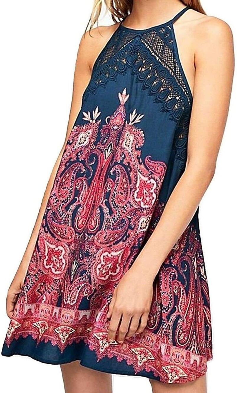Intimately Free People Navy Paisley Halter Mini Dress | Crochet Lace | Size S